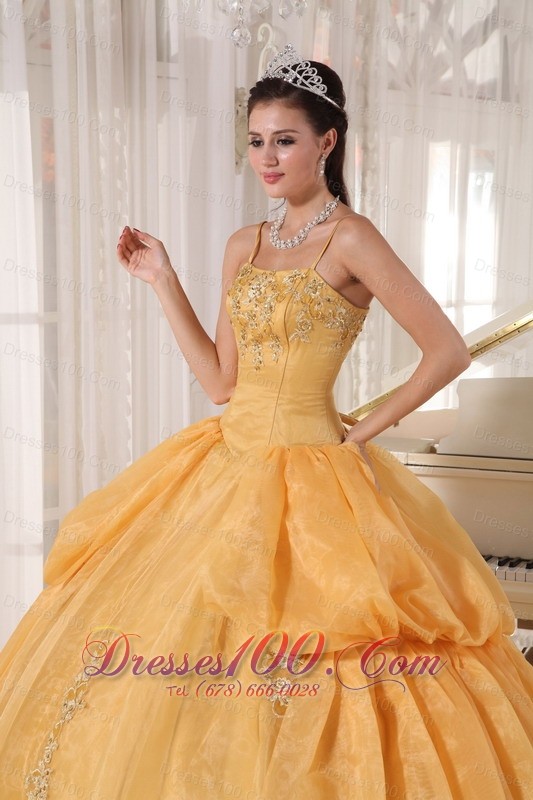 Spaghetti Straps Gold Organza Appliques Quinceanera Dress