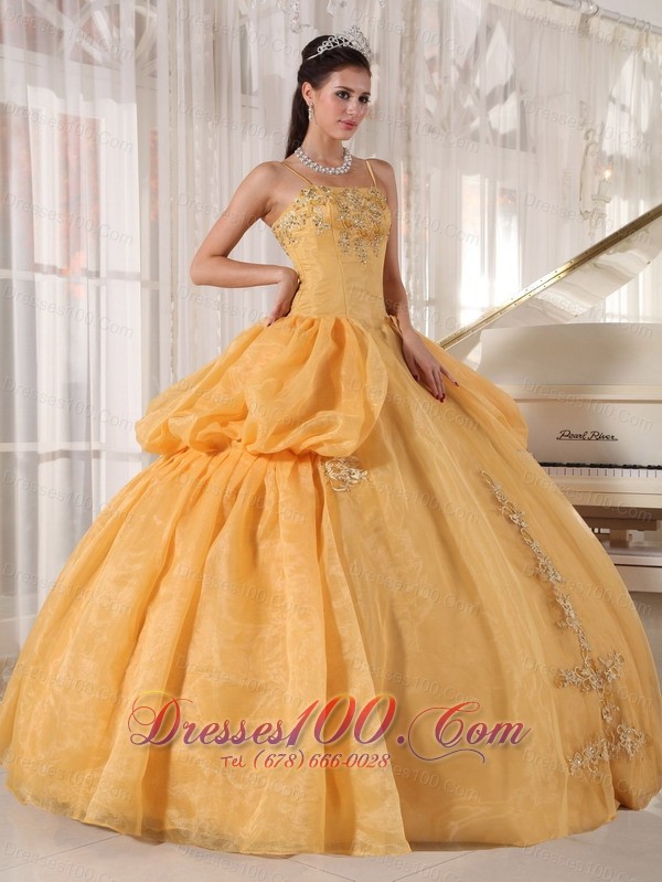 Spaghetti Straps Gold Organza Appliques Quinceanera Dress