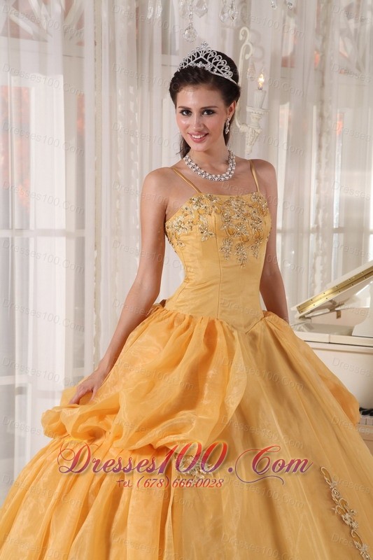 Spaghetti Straps Gold Organza Appliques Quinceanera Dress