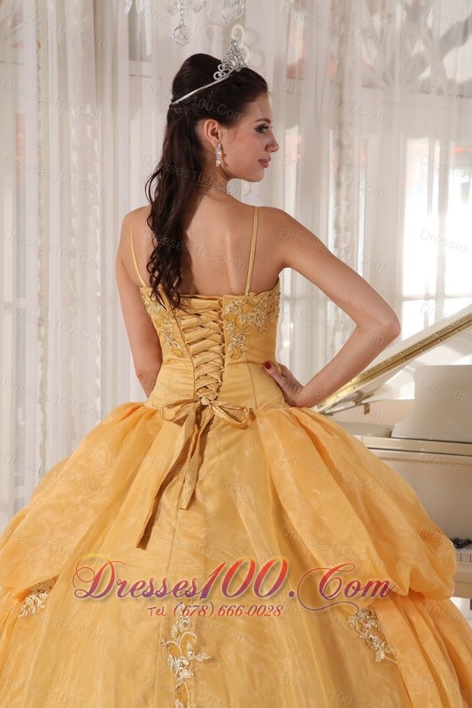 Spaghetti Straps Gold Organza Appliques Quinceanera Dress