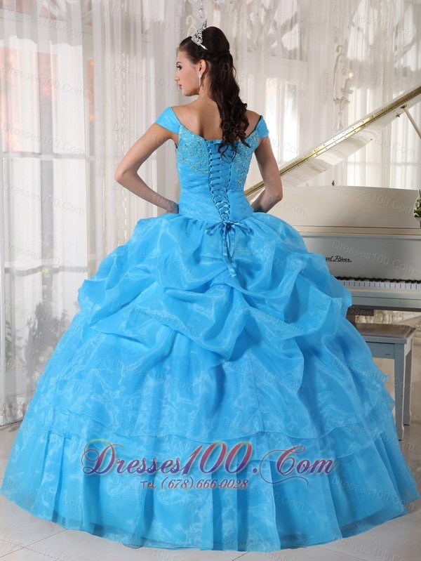 Off The Shoulder Beading Sky Blue Dresses 15 Organza
