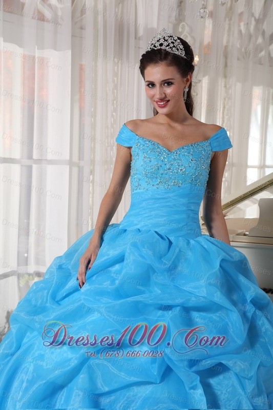 Off The Shoulder Beading Sky Blue Dresses 15 Organza