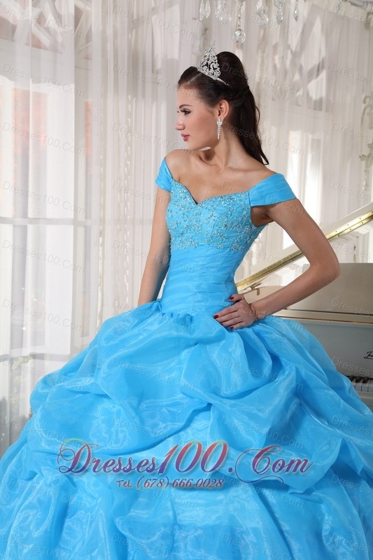Off The Shoulder Beading Sky Blue Dresses 15 Organza