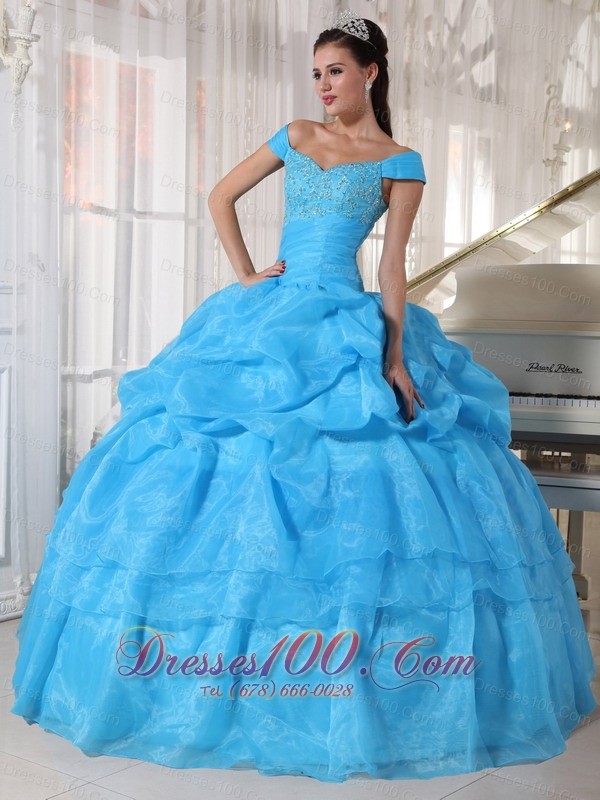 Off The Shoulder Beading Sky Blue Dresses 15 Organza