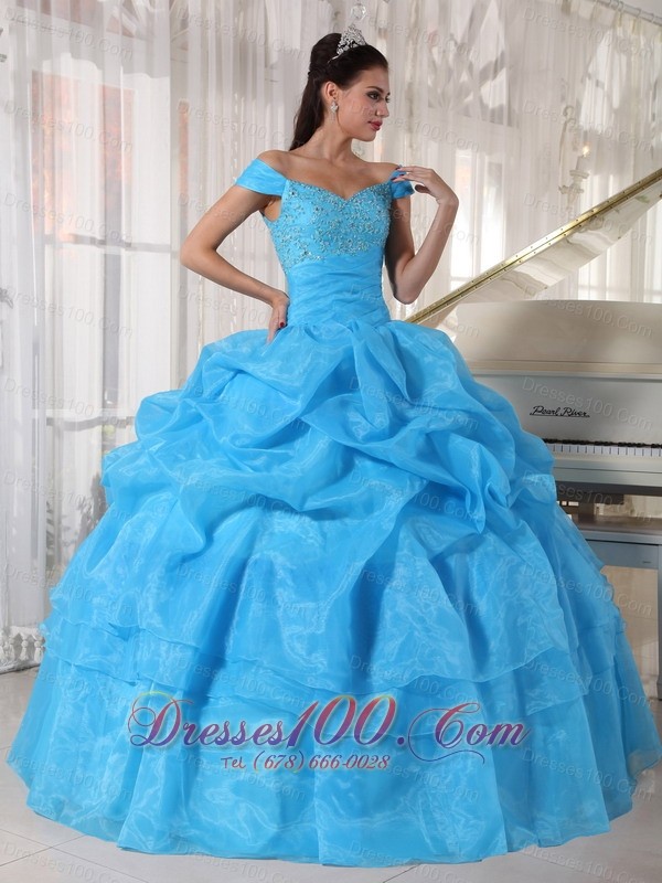 Off The Shoulder Beading Sky Blue Dresses 15 Organza
