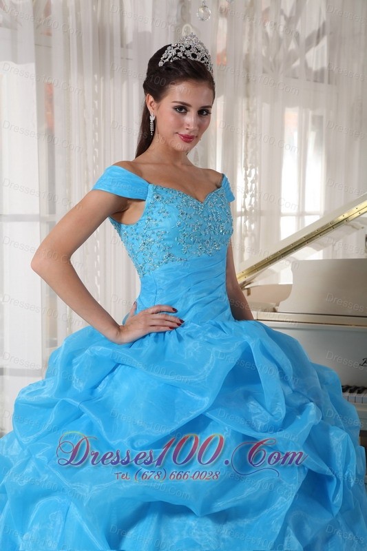 Off The Shoulder Beading Sky Blue Dresses 15 Organza