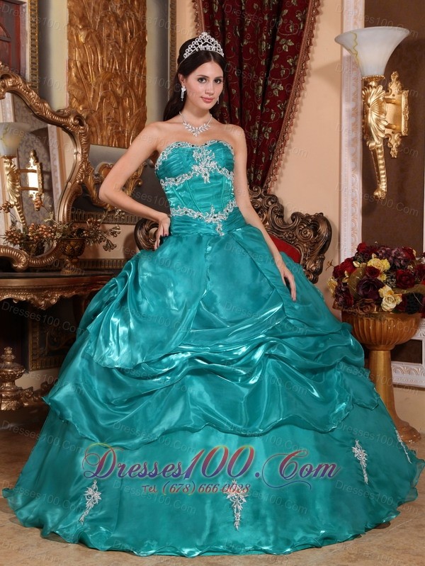 Turquoise Plus Size Organza Appliques Quinceanera Dress