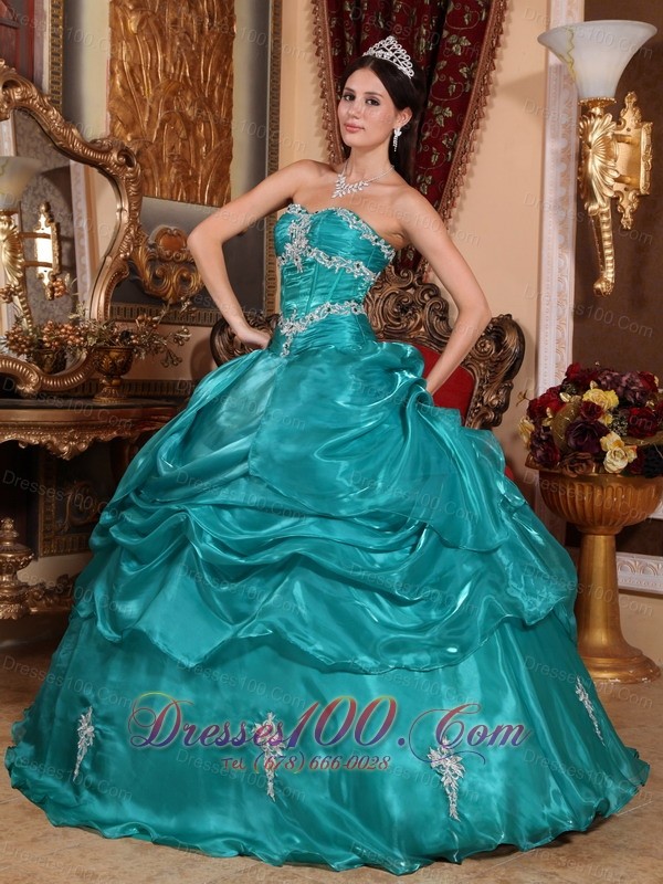 Turquoise Plus Size Organza Appliques Quinceanera Dress