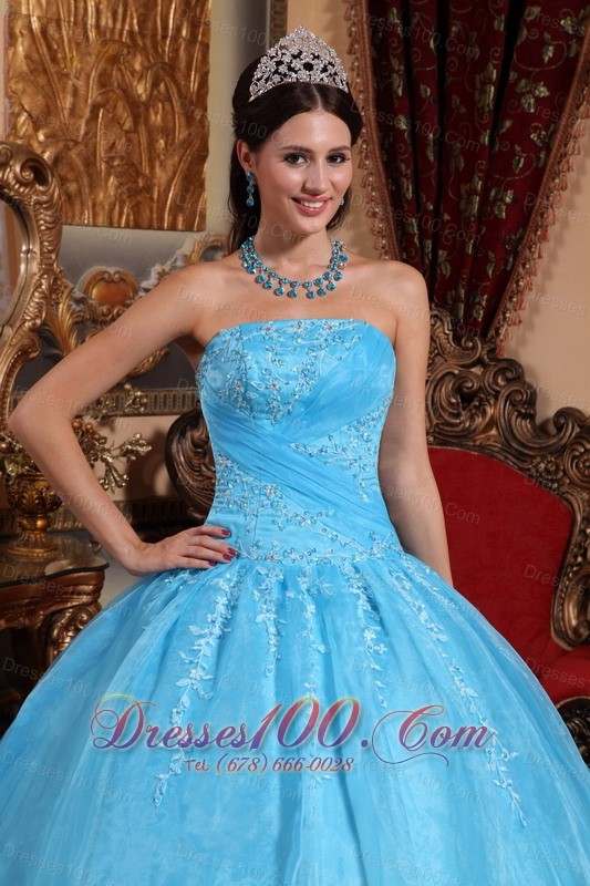 Organza Aqua Blue Quinceanera Dress Strapless Appliques