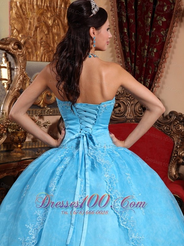 Organza Aqua Blue Quinceanera Dress Strapless Appliques