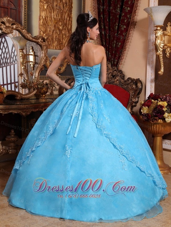 Organza Aqua Blue Quinceanera Dress Strapless Appliques