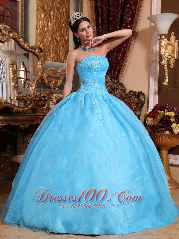 Organza Aqua Blue Quinceanera Dress Strapless Appliques