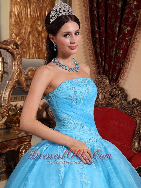 Organza Aqua Blue Quinceanera Dress Strapless Appliques