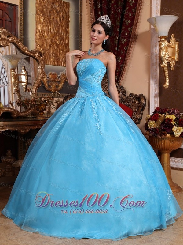 Organza Aqua Blue Quinceanera Dress Strapless Appliques