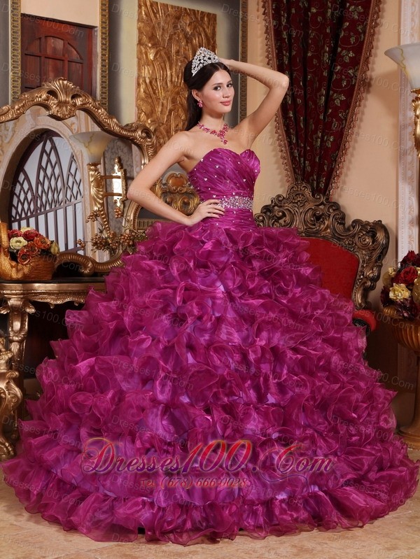 Sweetheart Fuchsia Floor-length Dresses Of 15 Organza Beading