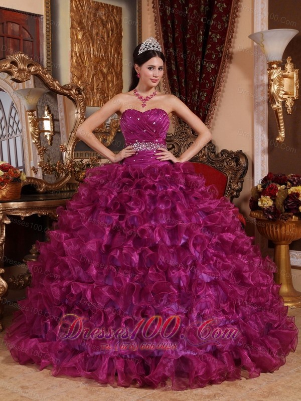 Sweetheart Fuchsia Floor-length Dresses Of 15 Organza Beading