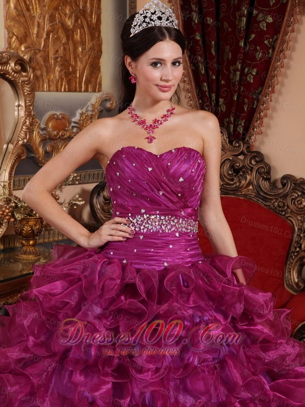 Sweetheart Fuchsia Floor-length Dresses Of 15 Organza Beading