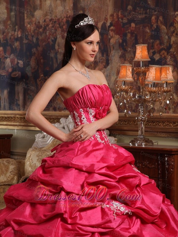 Strapless Appliques Taffeta Coral Red Quinceanera Dress