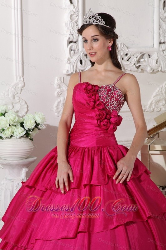 Straps Hot Pink Taffeta Beading Quinceanera Dress