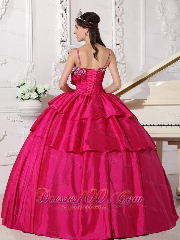 Straps Hot Pink Taffeta Beading Quinceanera Dress