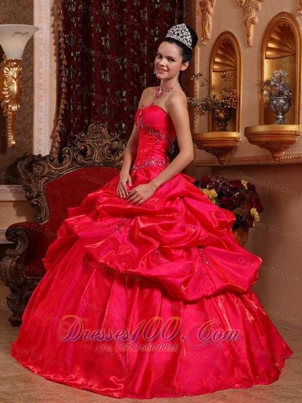 Strapless Taffeta Red Quinceanera Dress Beading Ball Gown