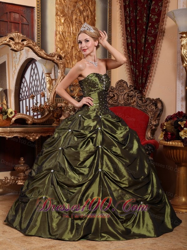 Olive Green Taffeta Beading and pick-ups Sweet 16 Dresses