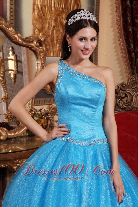 One Shoulder Blue Quinceanera Dress Tulle and Taffeta Beading