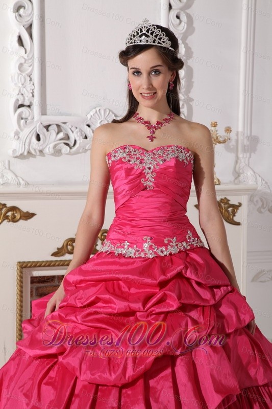 Hot Pink Taffeta Beading and Ruch Quinceanera Dress