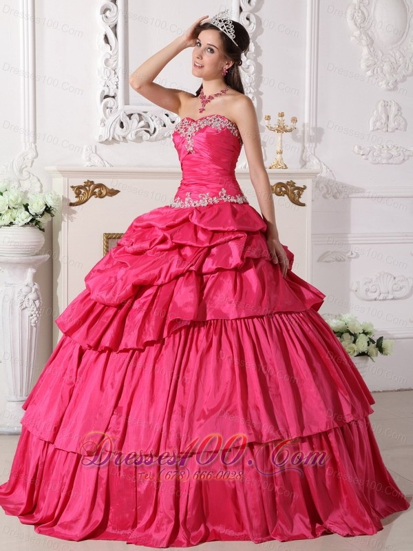 Hot Pink Taffeta Beading and Ruch Quinceanera Dress