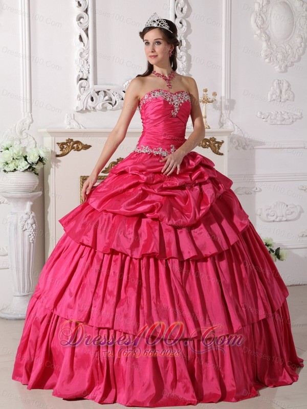 Hot Pink Taffeta Beading and Ruch Quinceanera Dress