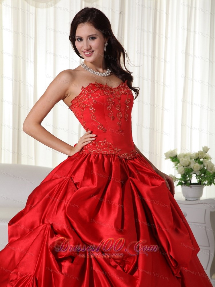 Taffeta Red Sweetheart Embroidery Quinceanera Dress