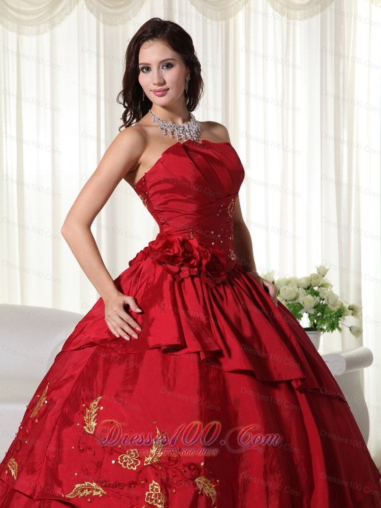 Hand Flowers and Beading Wine Red Taffeta Dresses 15