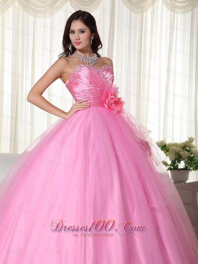 Pink Gown Tulle Beading Quinceanera Dress Handmade Flowers