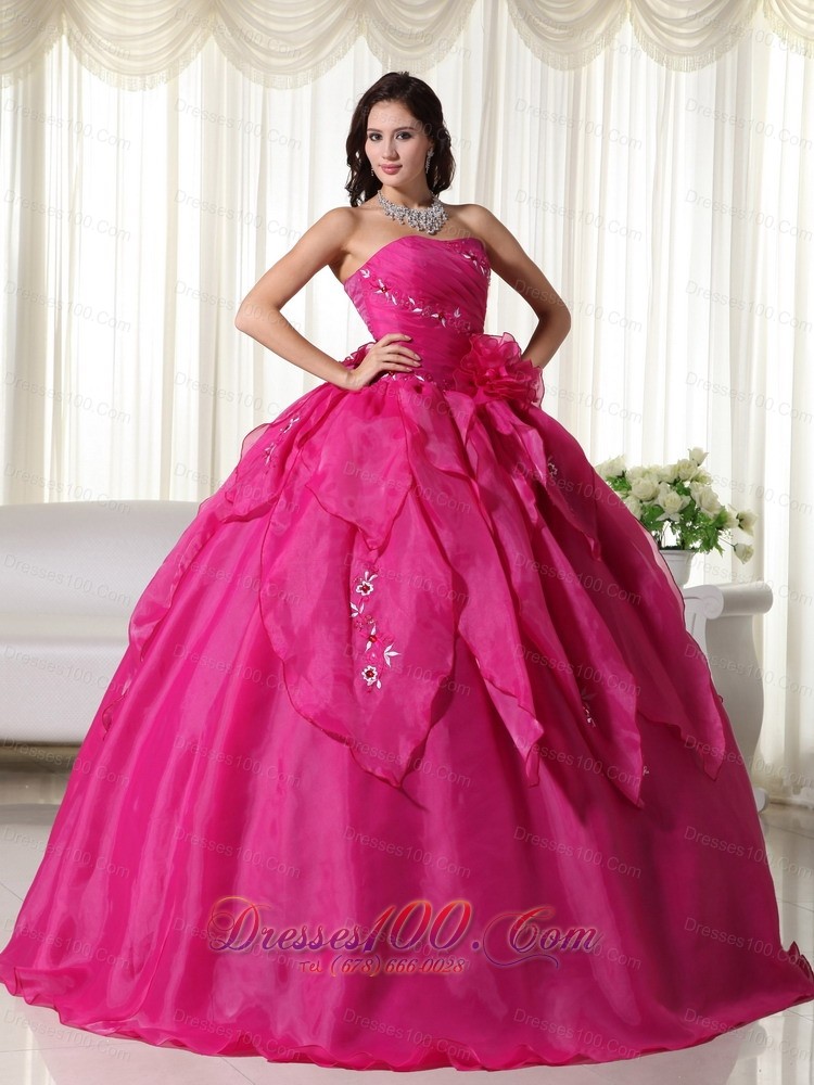 Organza Appliques Fuchsia Ball Gown Quinceanera Dress
