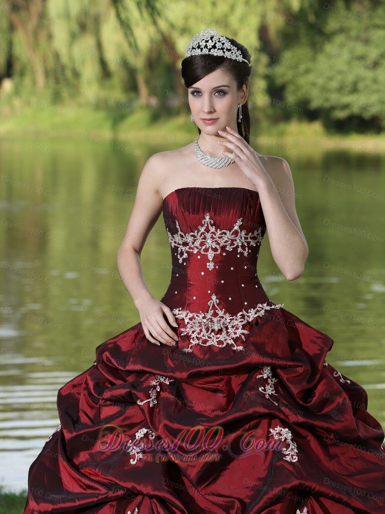 Burgundy Quinceanera Dress Party Wear Satin Embroidery