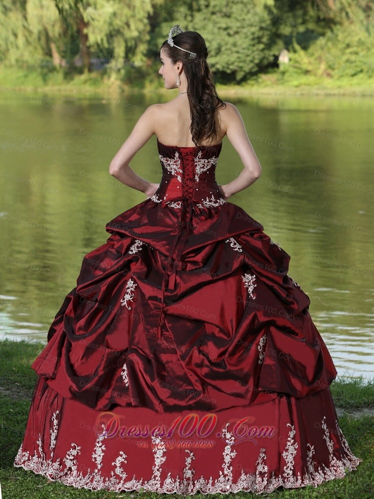 Burgundy Quinceanera Dress Party Wear Satin Embroidery