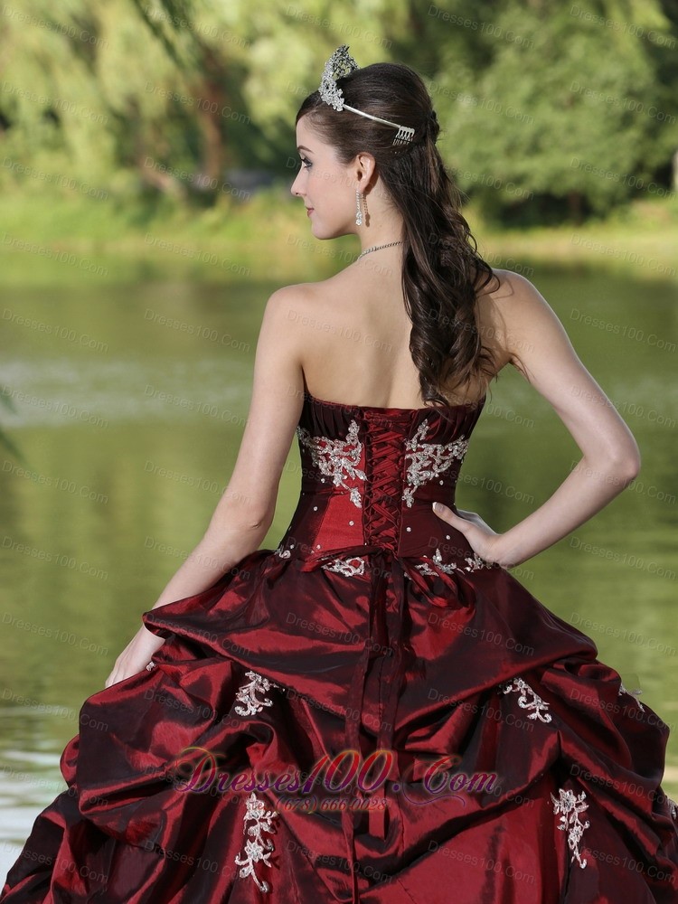 Burgundy Quinceanera Dress Party Wear Satin Embroidery