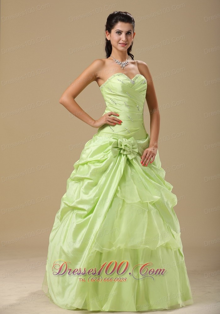 Yellow Green Folwers and Ruching Dress for Quinces