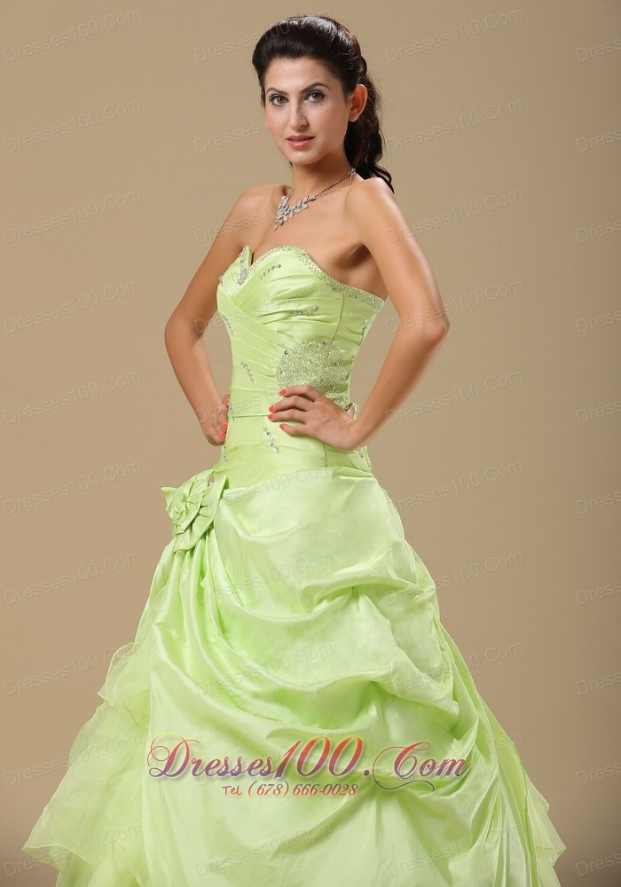 Yellow Green Folwers and Ruching Dress for Quinces