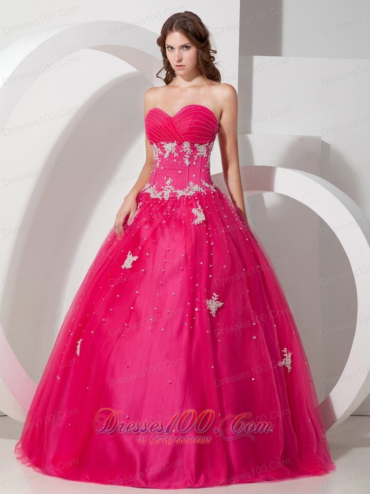 Coral Red Tulle Appliques and Beading Dress for Quinceaneras