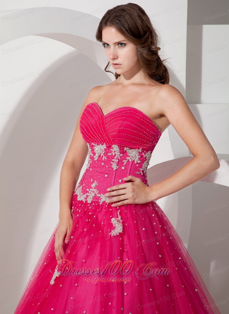 Coral Red Tulle Appliques and Beading Dress for Quinceaneras