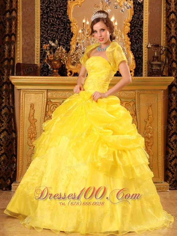Yellow Quinceanera Dress with Jacket Organza Appliques