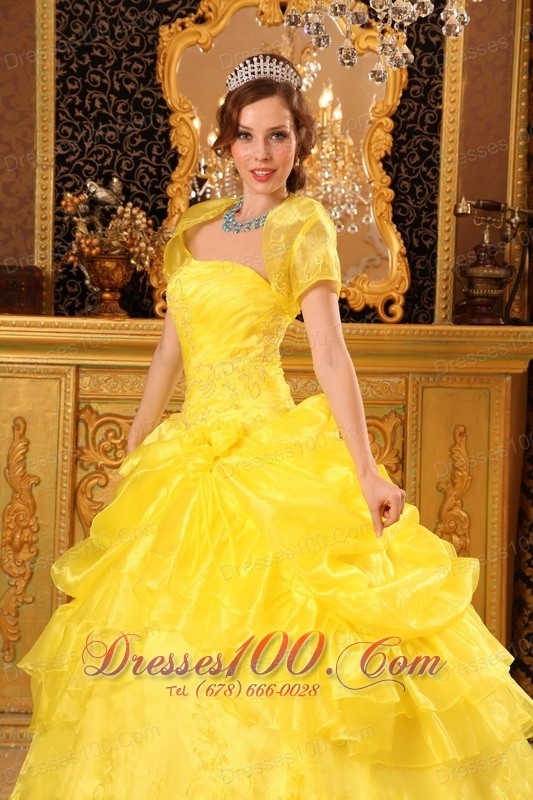 Yellow Quinceanera Dress with Jacket Organza Appliques