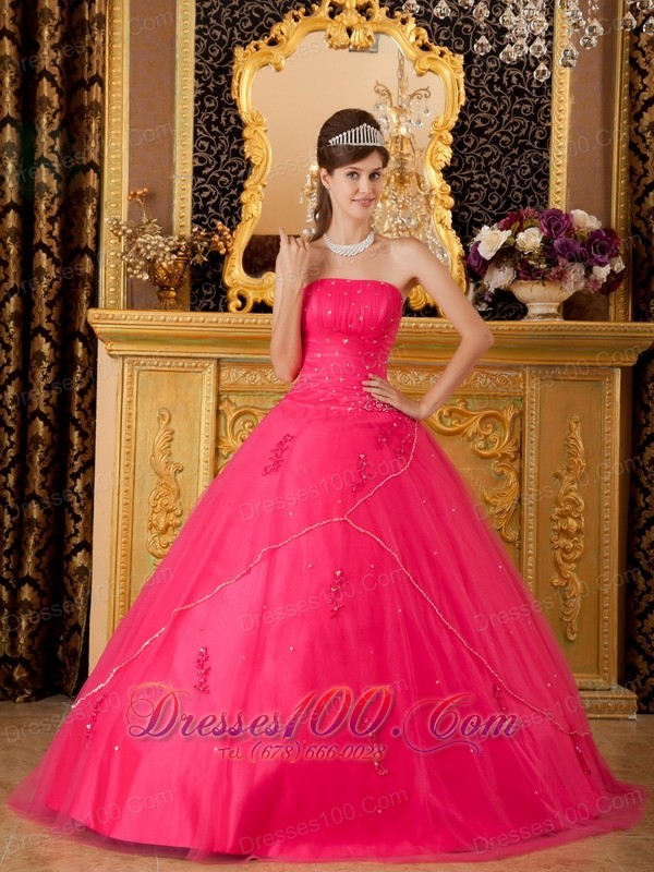 Sweet 16 Dress Hot Pink Flowers Tulle Appliques A-line