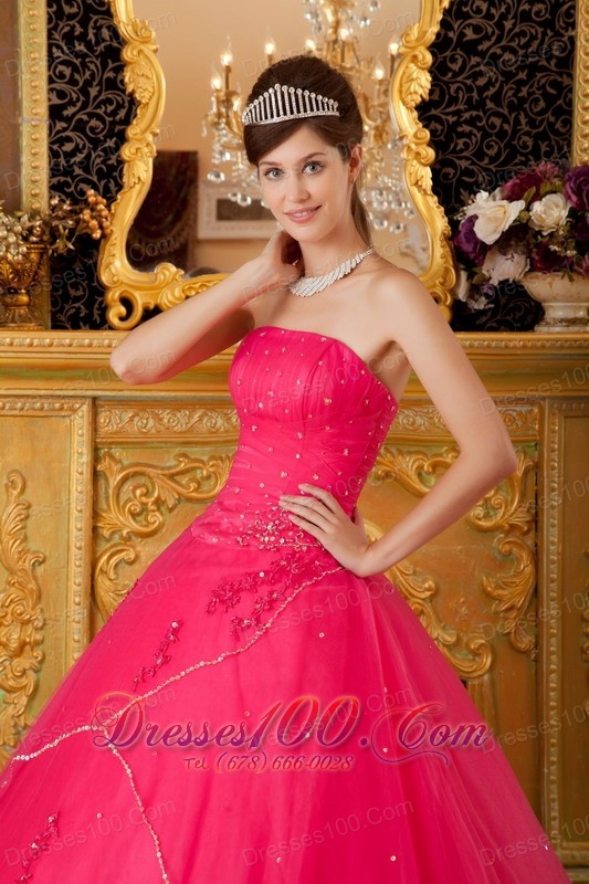 Sweet 16 Dress Hot Pink Flowers Tulle Appliques A-line