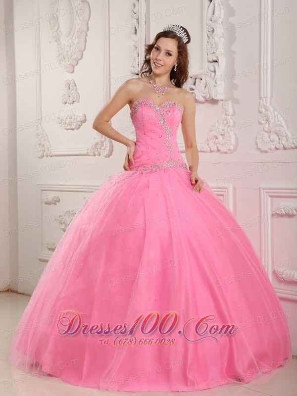 Rose Pink Dresses for A Quince Tulle Beading Appliques