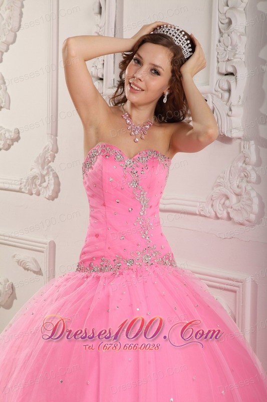 Rose Pink Dresses for A Quince Tulle Beading Appliques