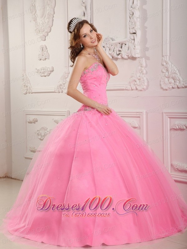 Rose Pink Dresses for A Quince Tulle Beading Appliques