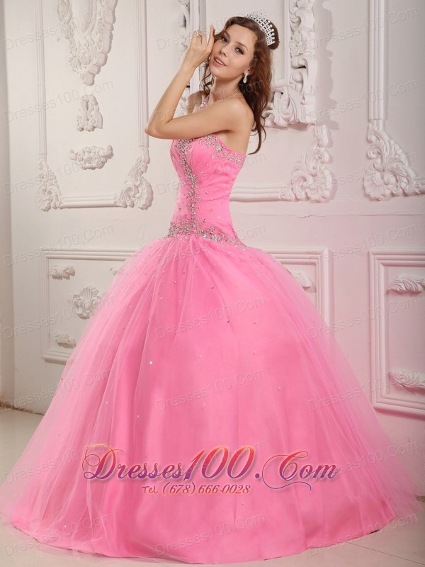 Rose Pink Dresses for A Quince Tulle Beading Appliques
