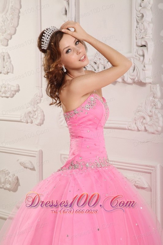 Rose Pink Dresses for A Quince Tulle Beading Appliques